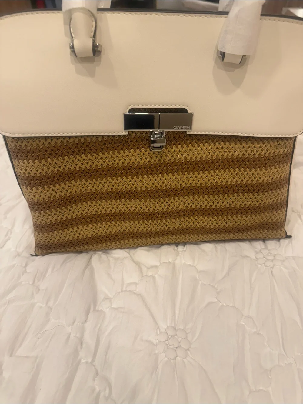 Calvin Klein Cream & Brown Straw Satchel